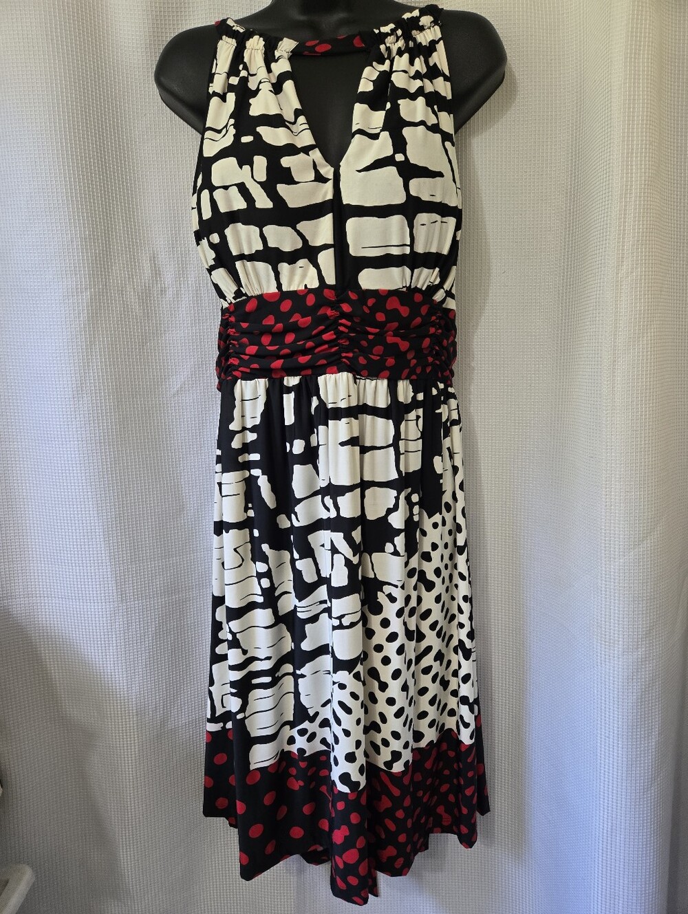 New Black, White & Red Printed Halter Dress